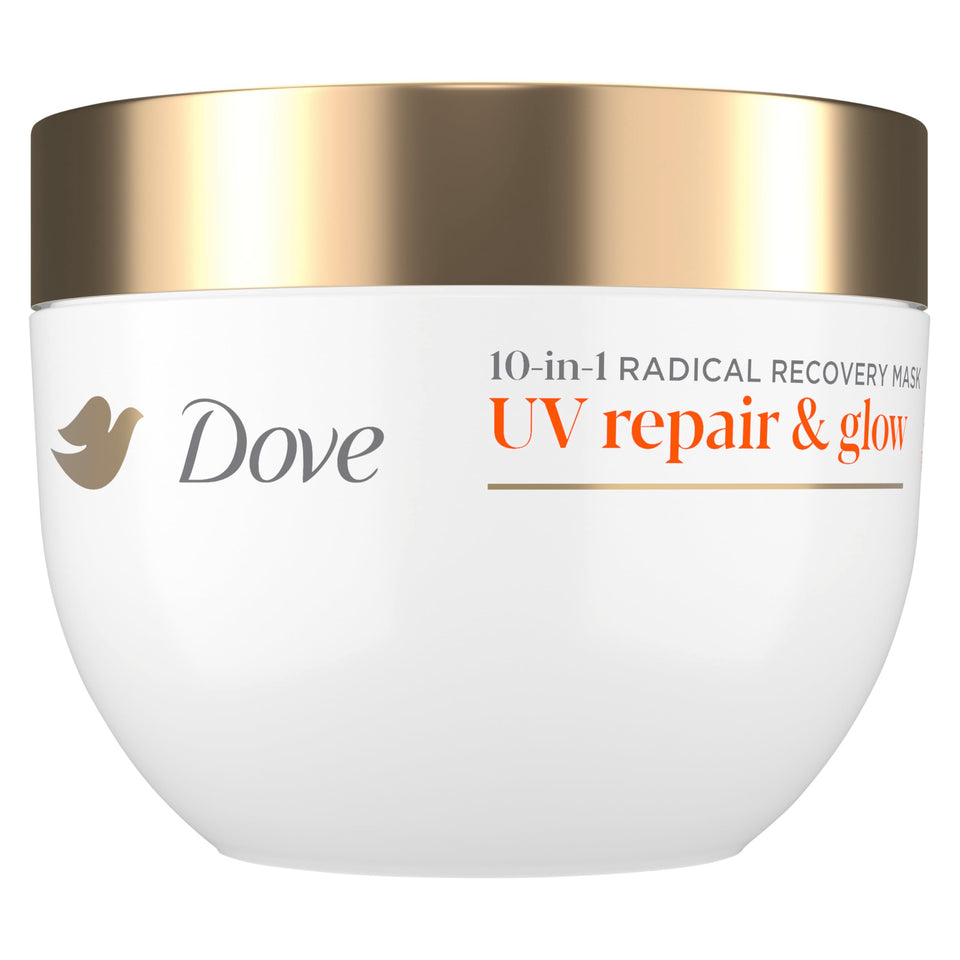 Dove jar front view shows product and convenient 9.2 oz size benefit