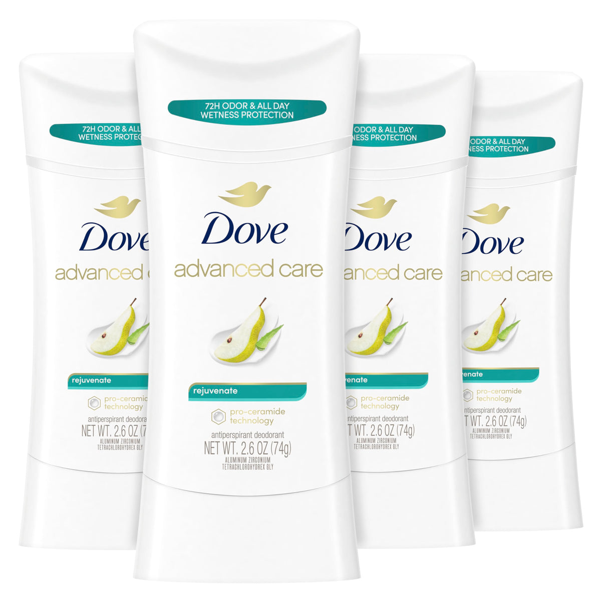 Dove Rejuvenate front packaging showing four antiperspirant sticks and product benefit