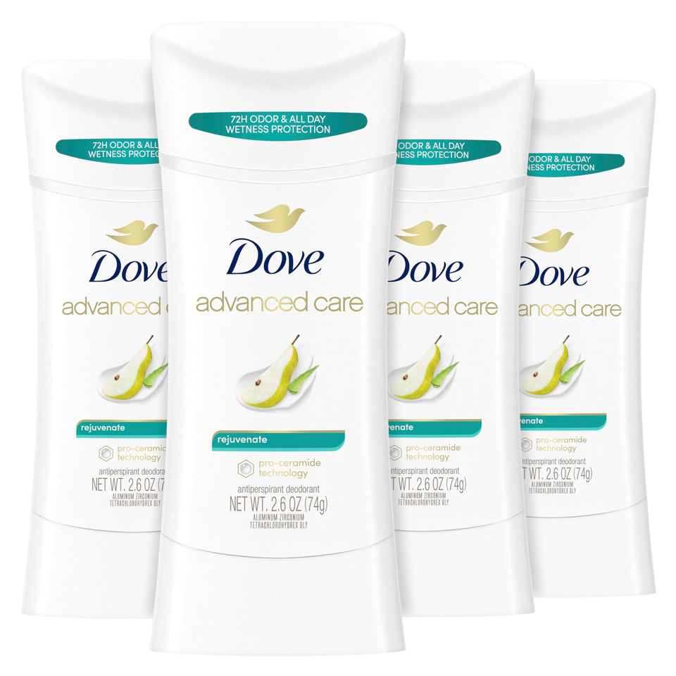 Dove Rejuvenate front packaging showing four antiperspirant sticks and product benefit