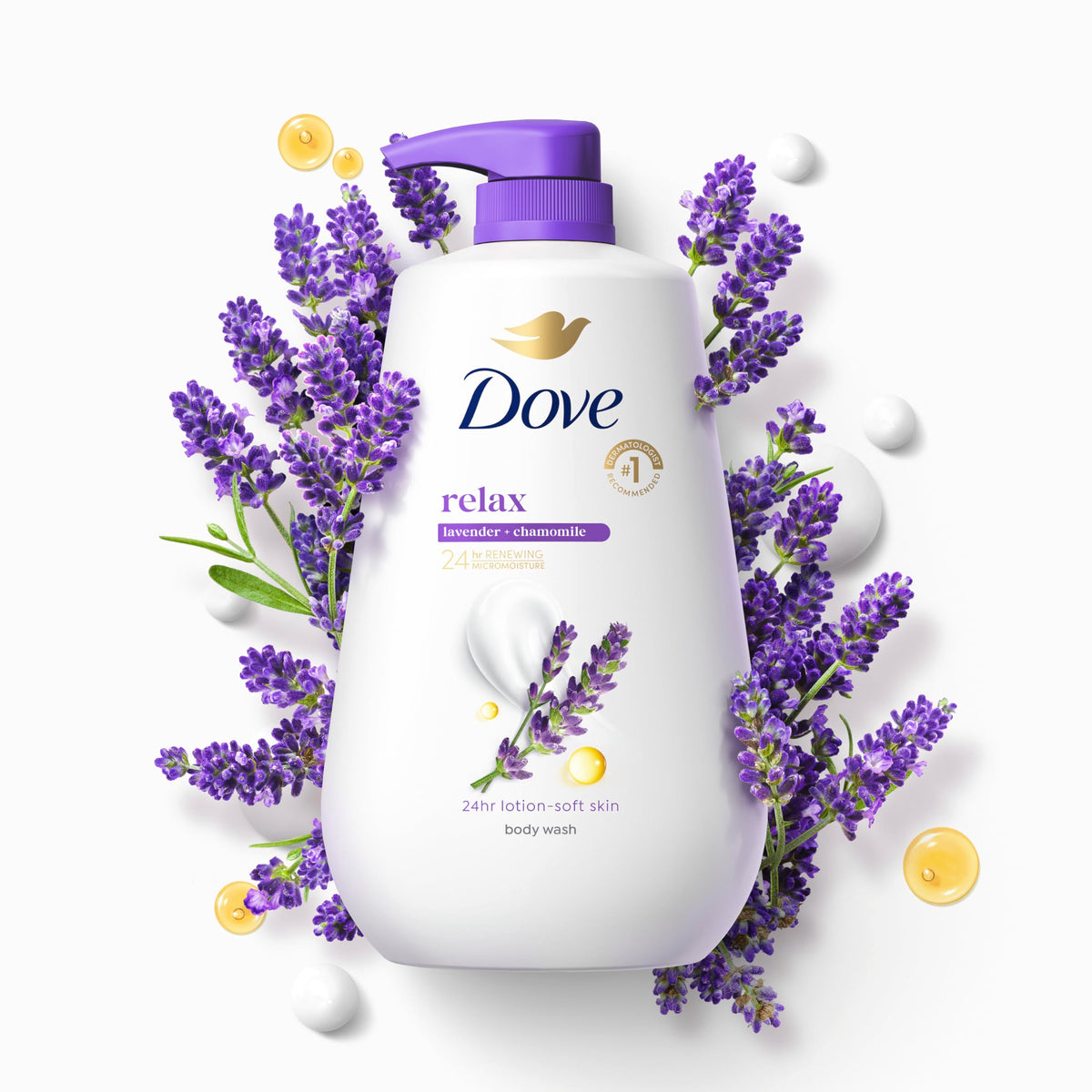 Dove bottle on shower shelf in bathroom lifestyle for calming routine