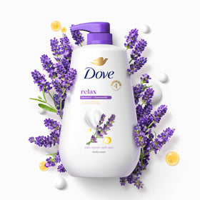 Dove bottle on shower shelf in bathroom lifestyle for calming routine