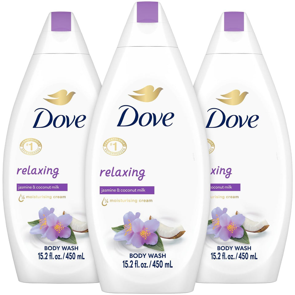 Dove relaxing body wash front packaging showing three bottles and calming scent
