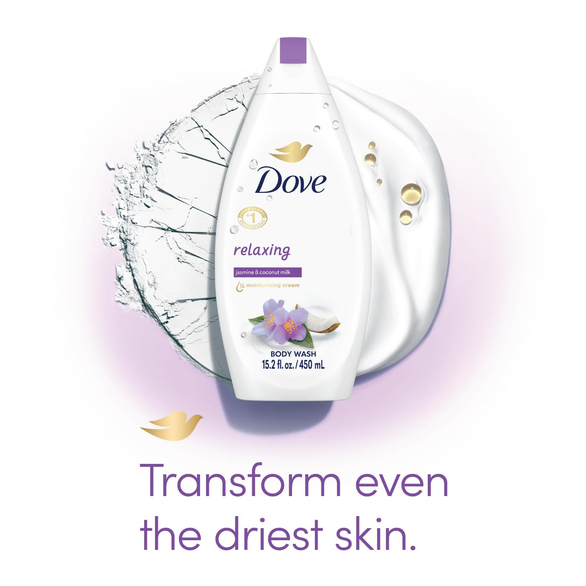 Dove relaxing body wash creamy lather texture that moisturizes skin while cleansing