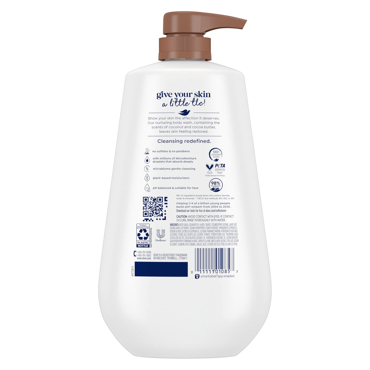 Dove back label ingredients list and usage directions explaining product details
