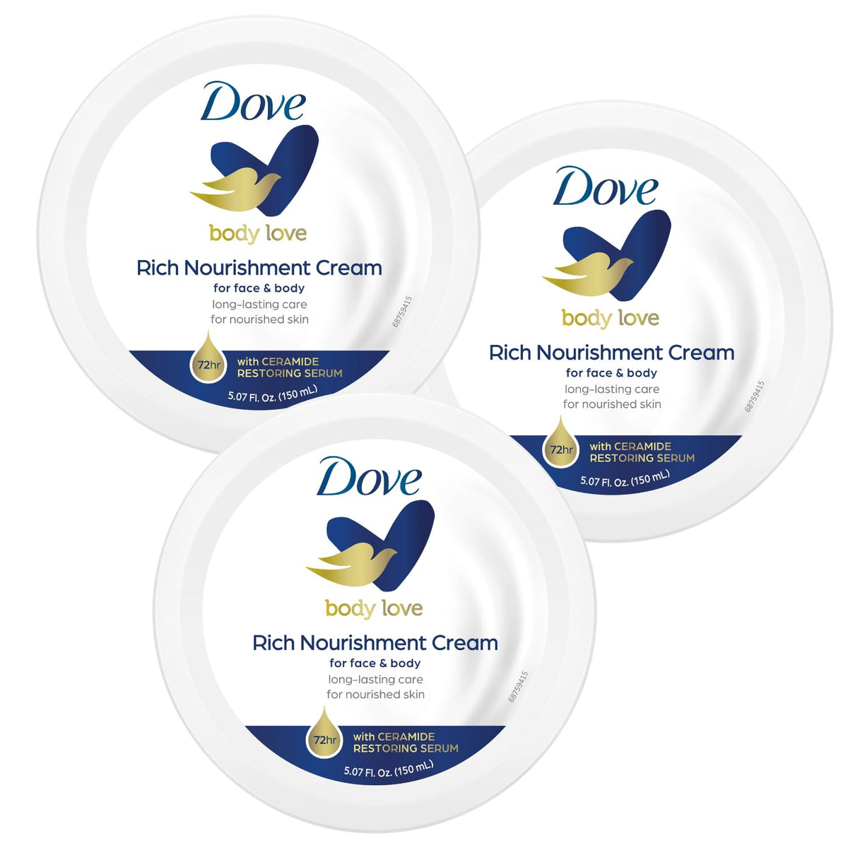 Dove front packaging showing three jars, convenient travel hydration