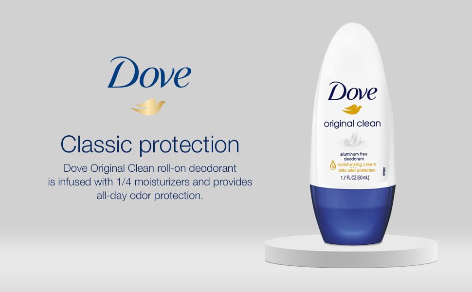 Dove roll-on held in hand showing 1.7 fl oz scale for travel convenience