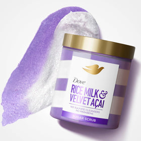 Close-up of sugar granules in Dove scrub highlighting gentle exfoliation and smooth finish