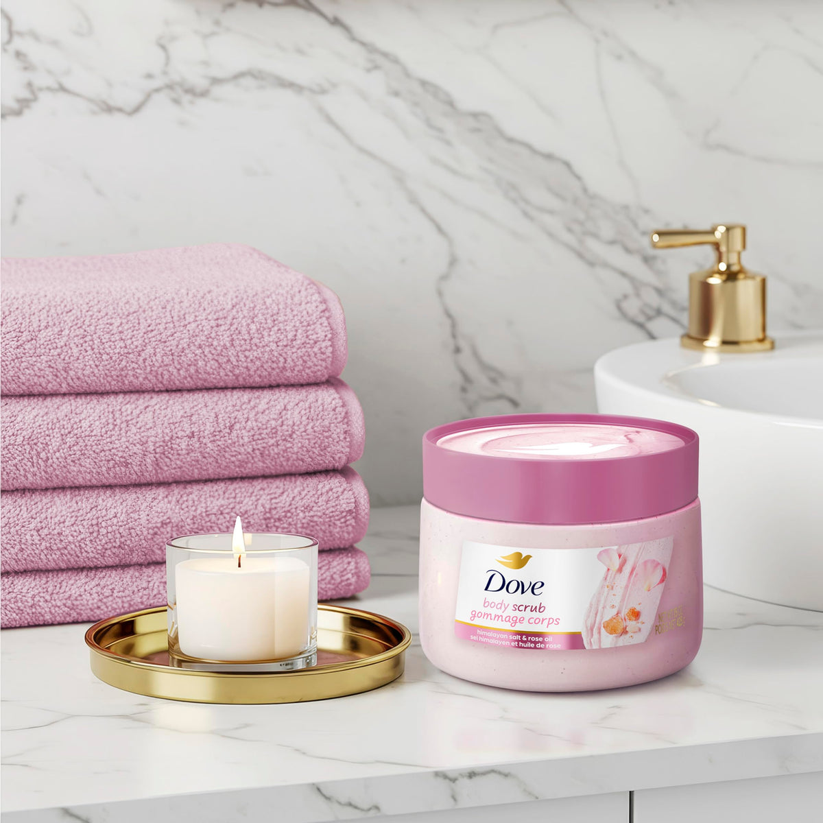 Dove scrub placed on bathroom shelf in a calming routine setting for self-care