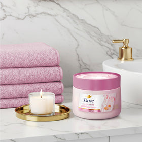 Dove scrub placed on bathroom shelf in a calming routine setting for self-care