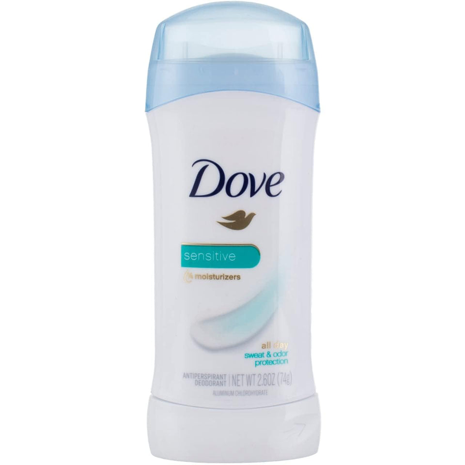 Dove sensitive antiperspirant stick front view showing unscented label and gentle protection