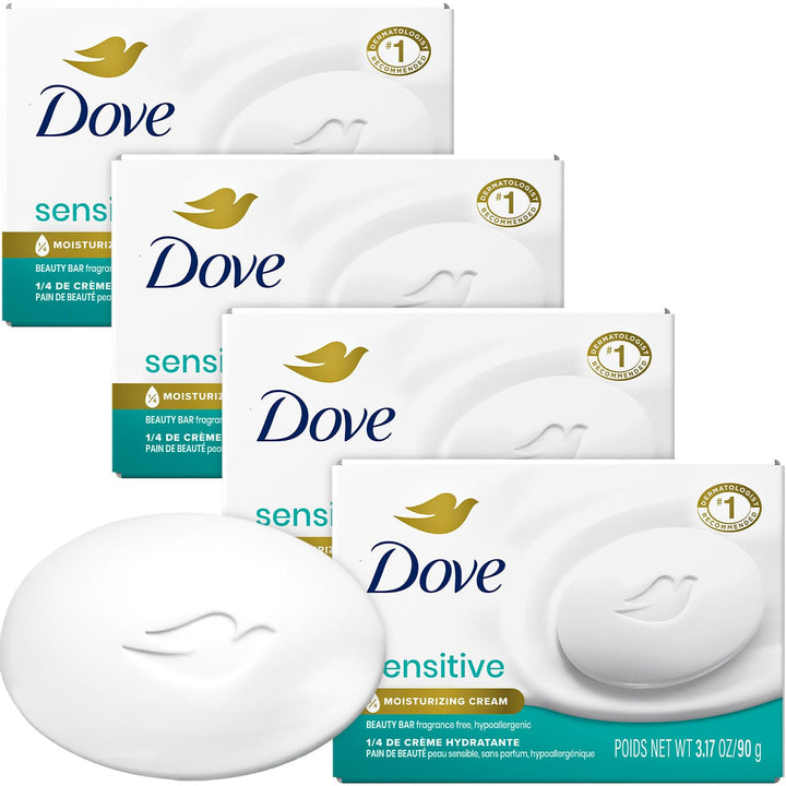 Dove front packaging of sensitive beauty bar showing fragrance-free benefit