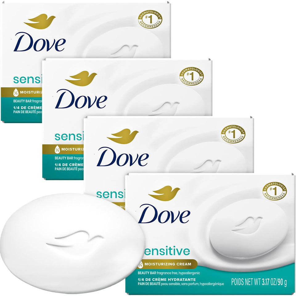 Dove front packaging of sensitive beauty bar showing fragrance-free benefit