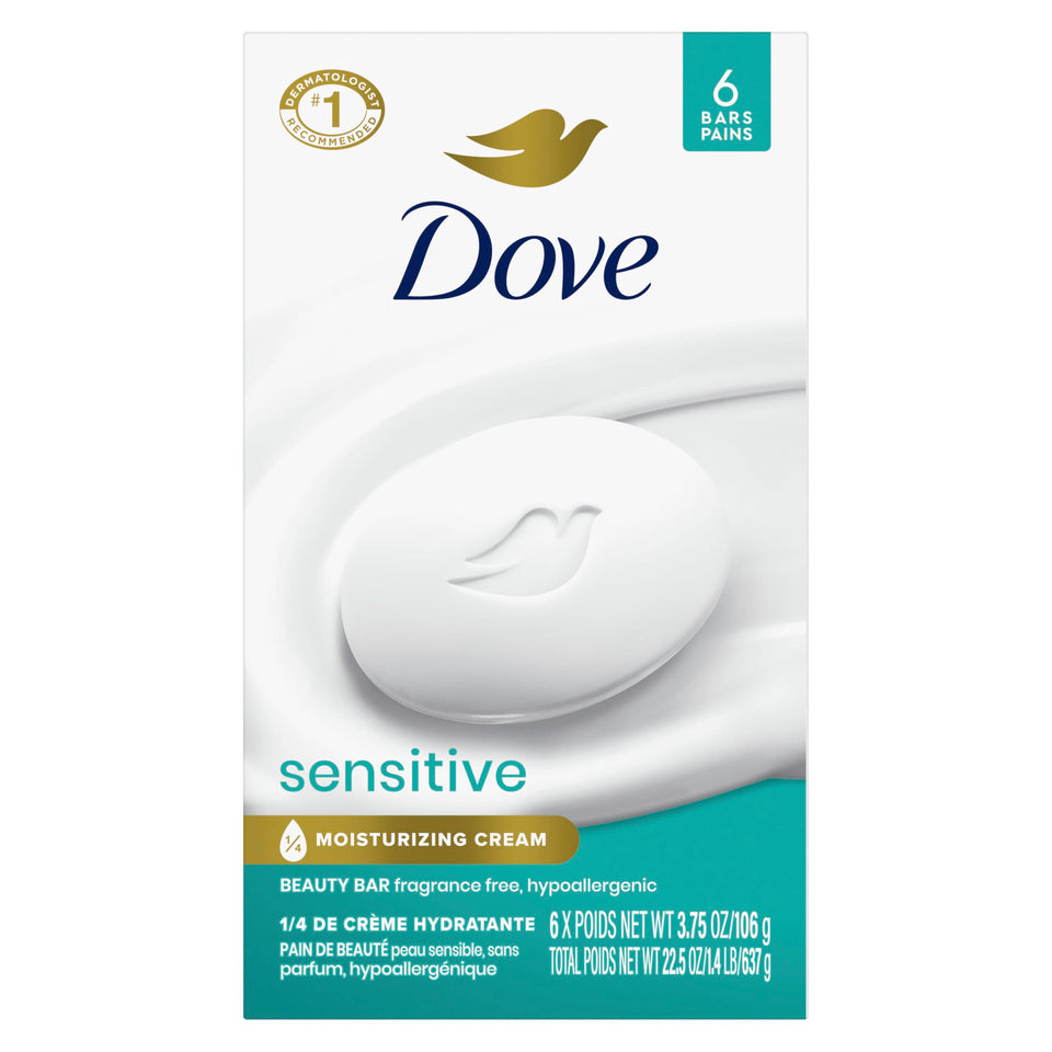 Dove sensitive beauty bar front packaging showing six fragrance-free bars, gentle cleansing