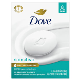 Dove Sensitive front packaging showing unscented bars and benefits