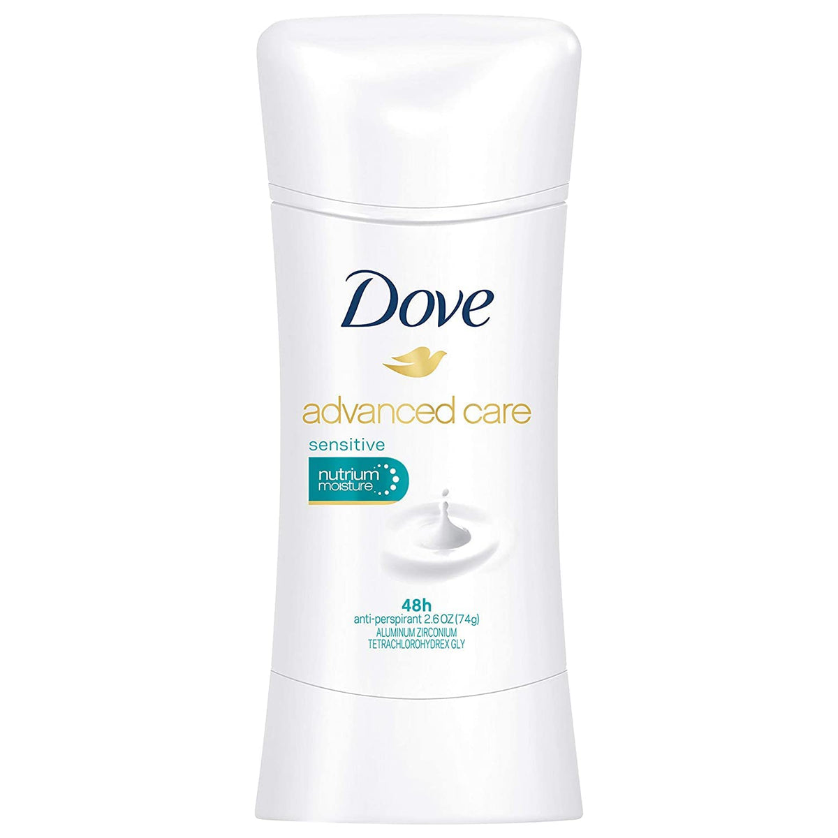 Dove sensitive front packaging showing unscented protection and moisturizing benefit