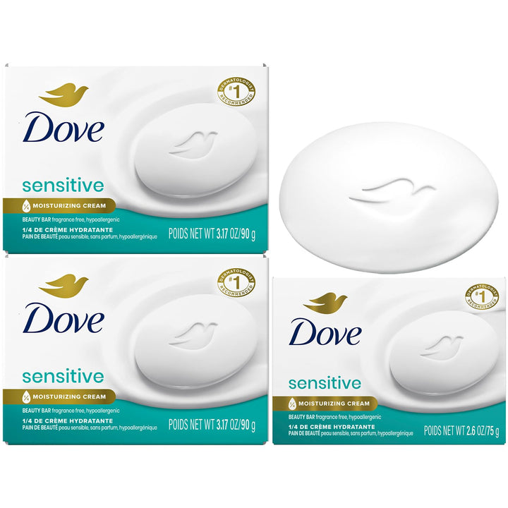 Dove front packaging showing sensitive skin beauty bar and moisturizing benefit