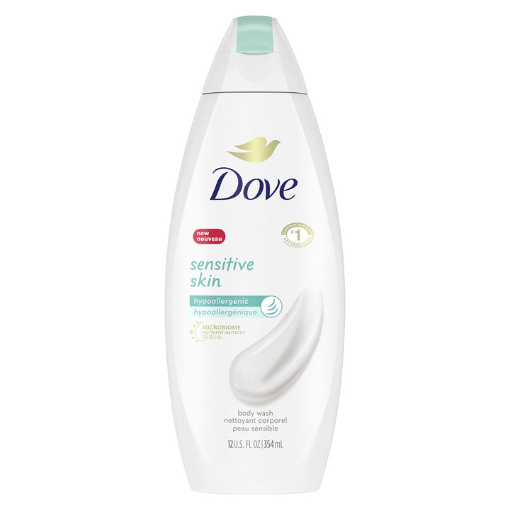 Dove sensitive skin front packaging shows clean design and gentle formula benefit