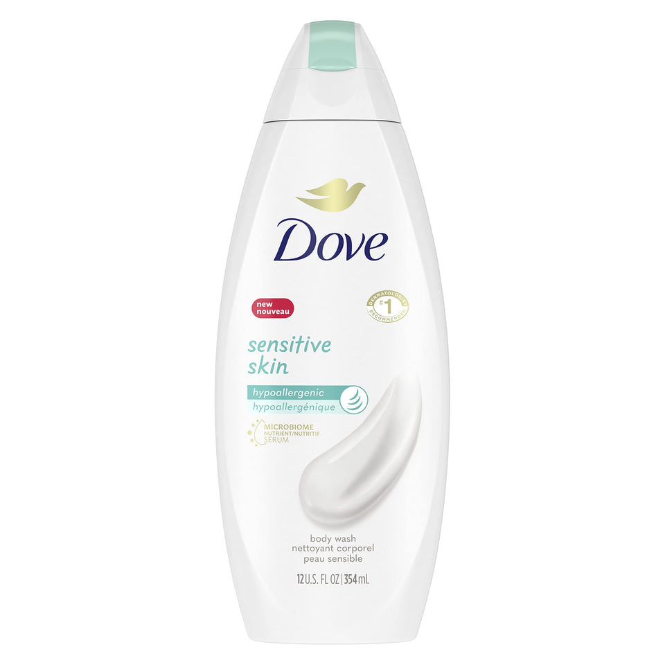 Dove sensitive skin front packaging shows clean design and gentle formula benefit