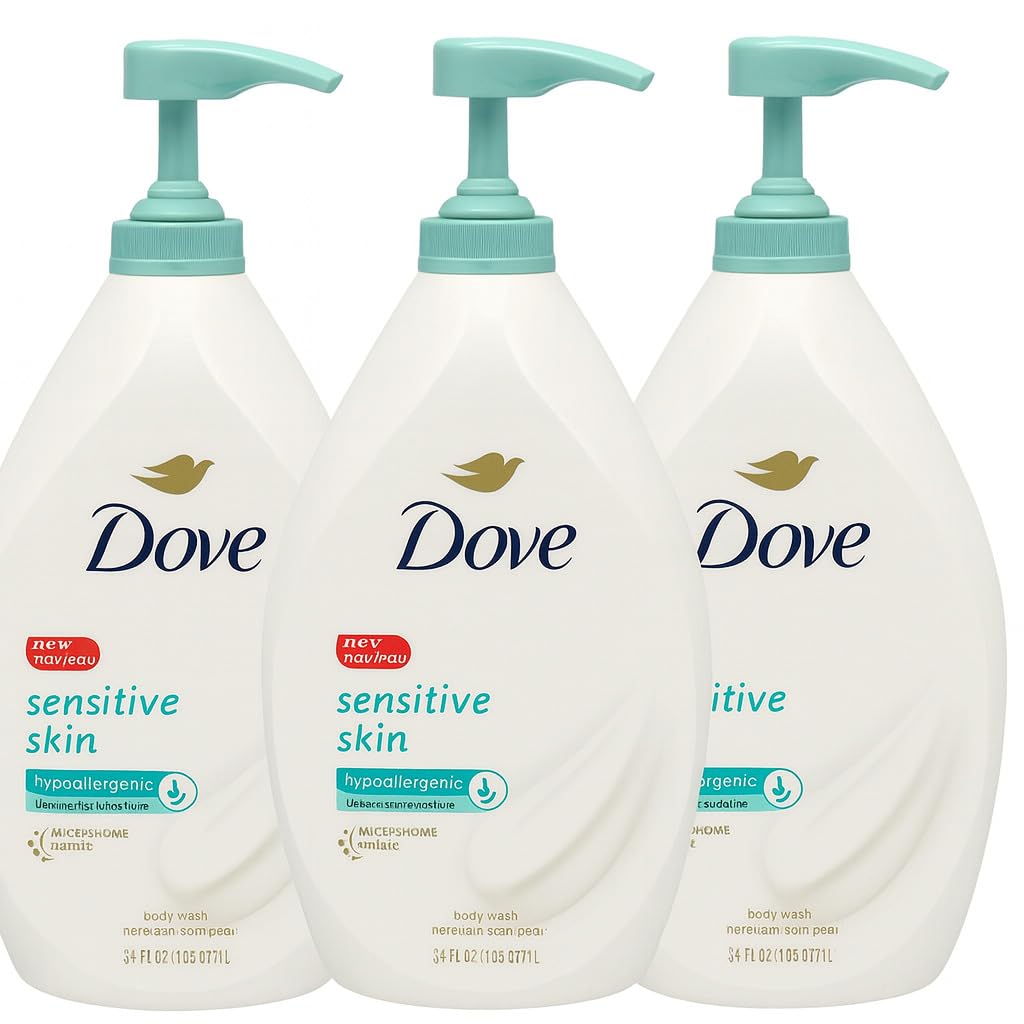Dove Sensitive Skin pump bottle front view showing label and size, gentle hydration