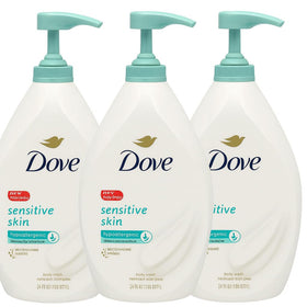 Dove Sensitive Skin pump bottle front view showing label and size, gentle hydration