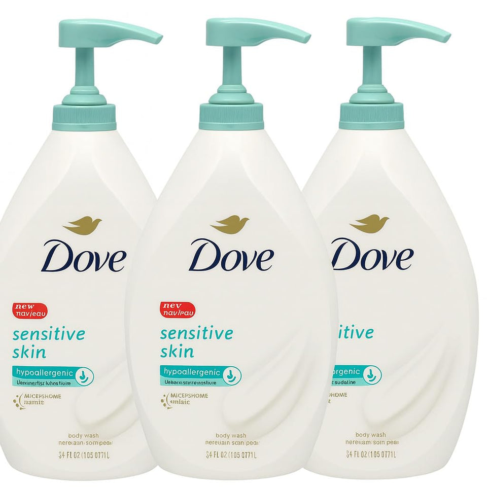 Dove Sensitive Skin pump bottle front view showing label and size, gentle hydration
