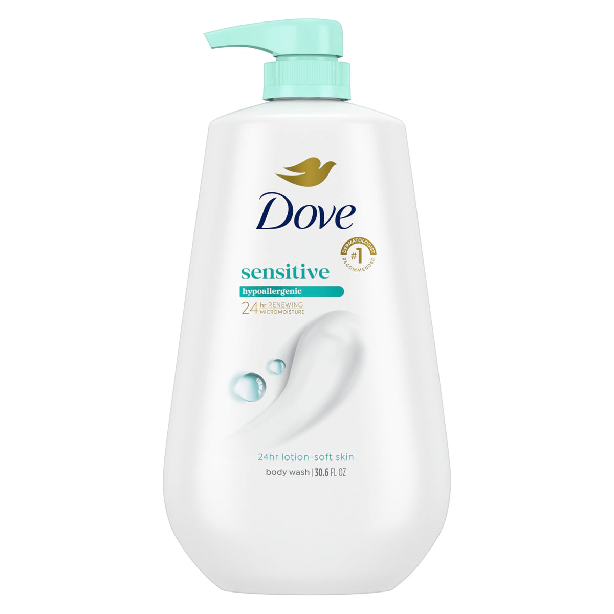 Dove pump bottle front view showing brand and gentle formula benefit