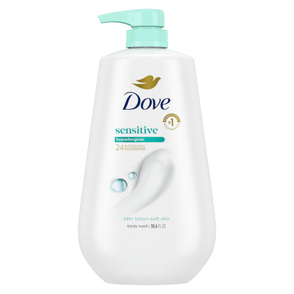 Dove pump bottle front view showing brand and gentle formula benefit