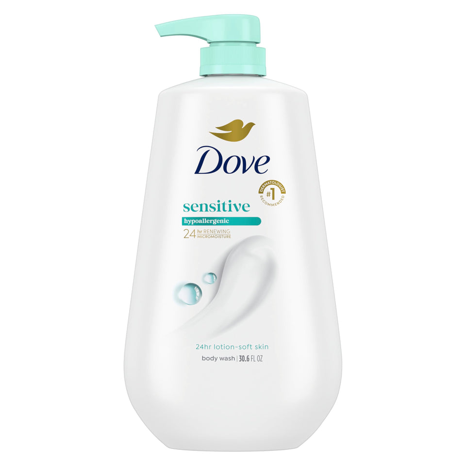 Dove pump bottle front view showing brand and gentle formula benefit