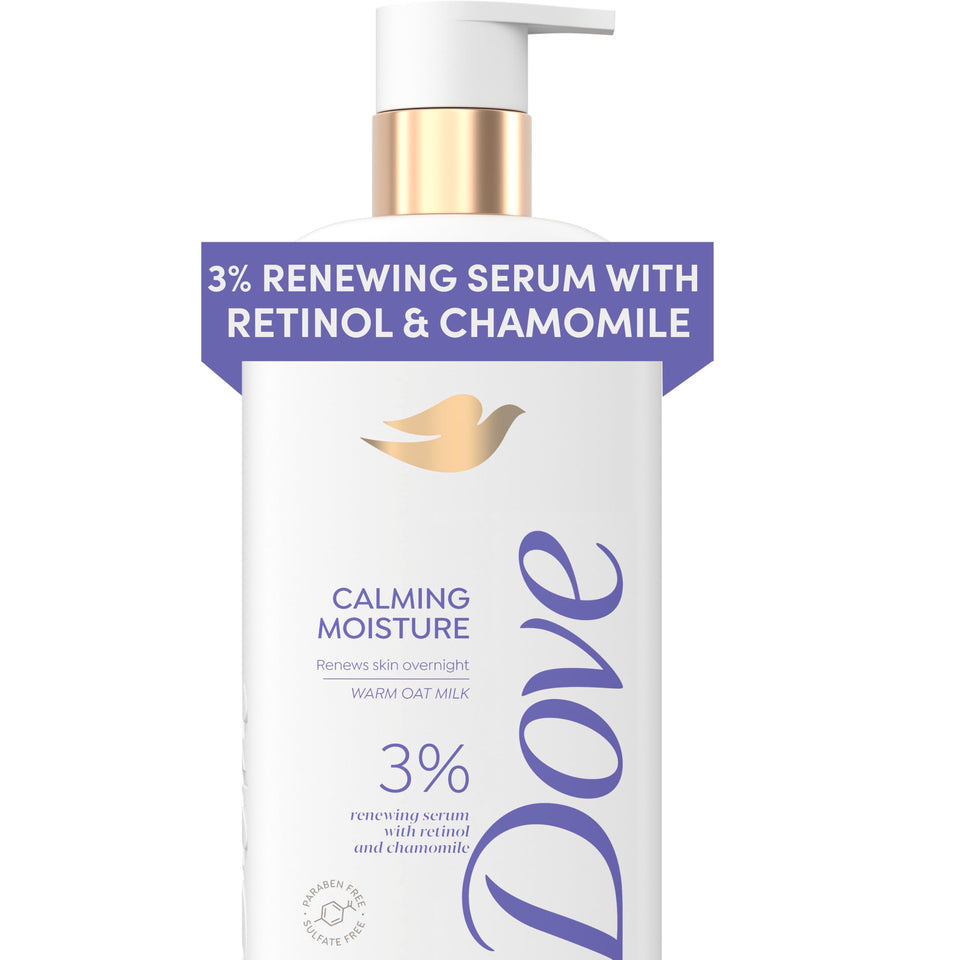 Dove bottle front view showing label and calming moisture benefits