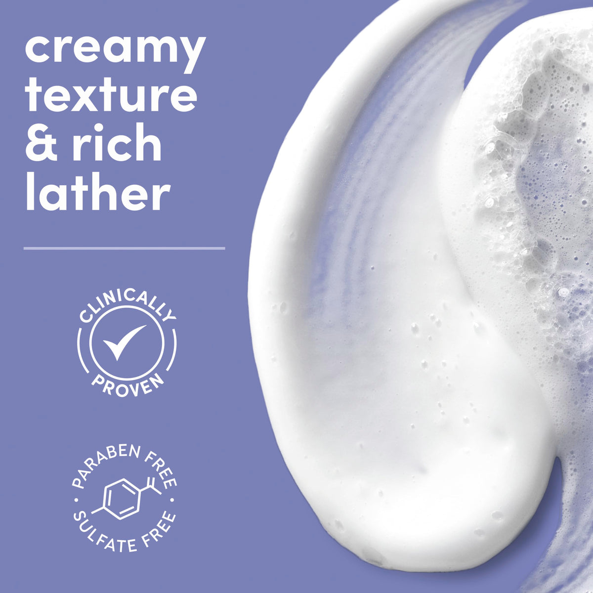 Dove body wash in use on wet skin producing velvety foam and calming scent
