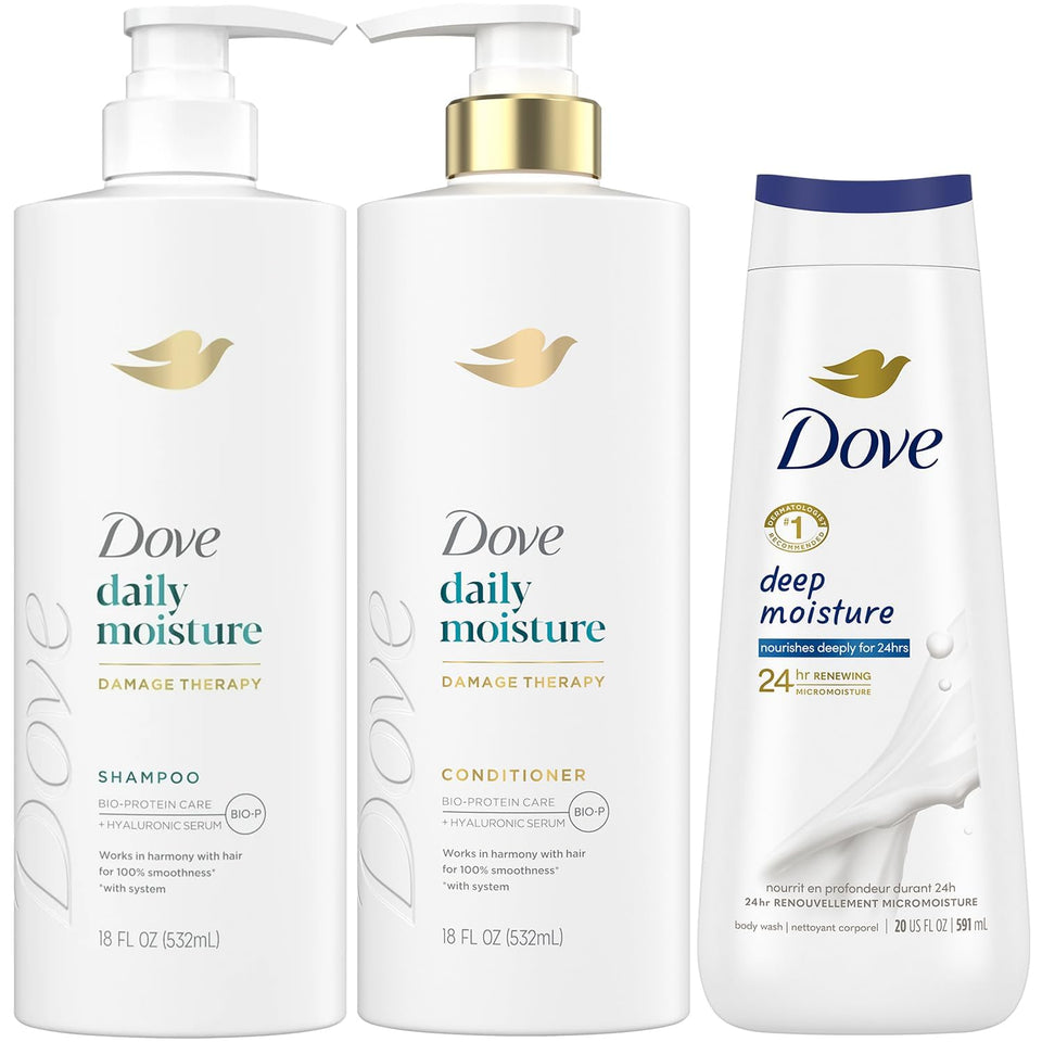 Dove shampoo and conditioner front packaging showing hydration benefits