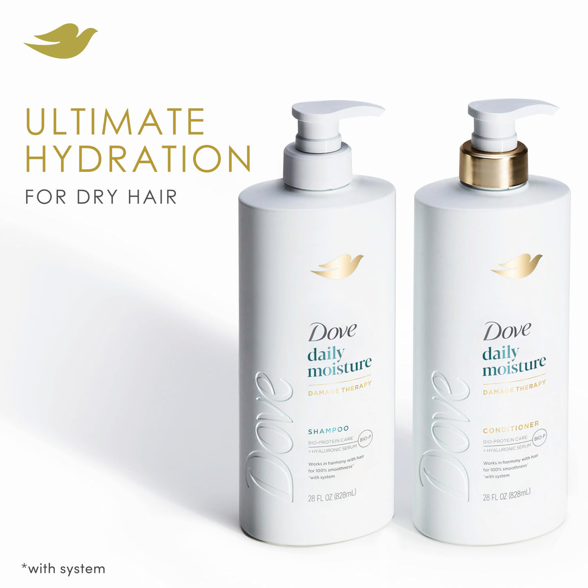 Dove shampoo pump action in hand for easy dispensing benefit