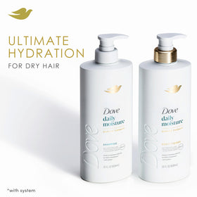 Dove shampoo pump action in hand for easy dispensing benefit