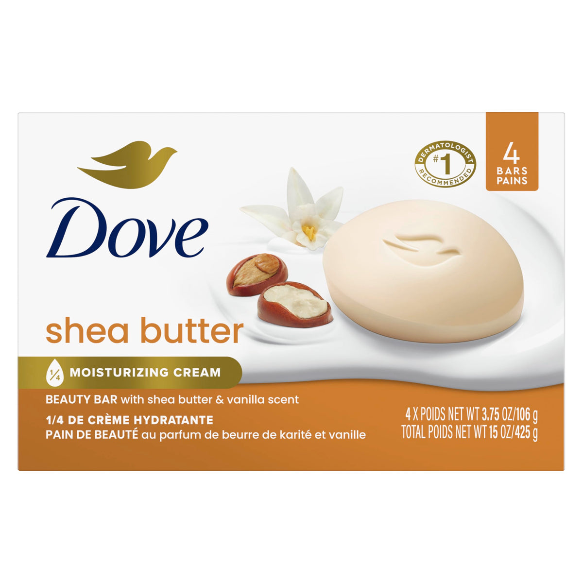 Dove shea beauty bar front packaging showing four bars and benefits