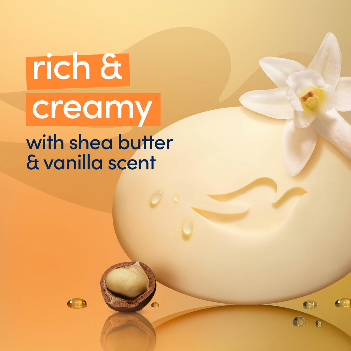 Shea butter and vanilla visual with Dove bar showing nourishing ingredients