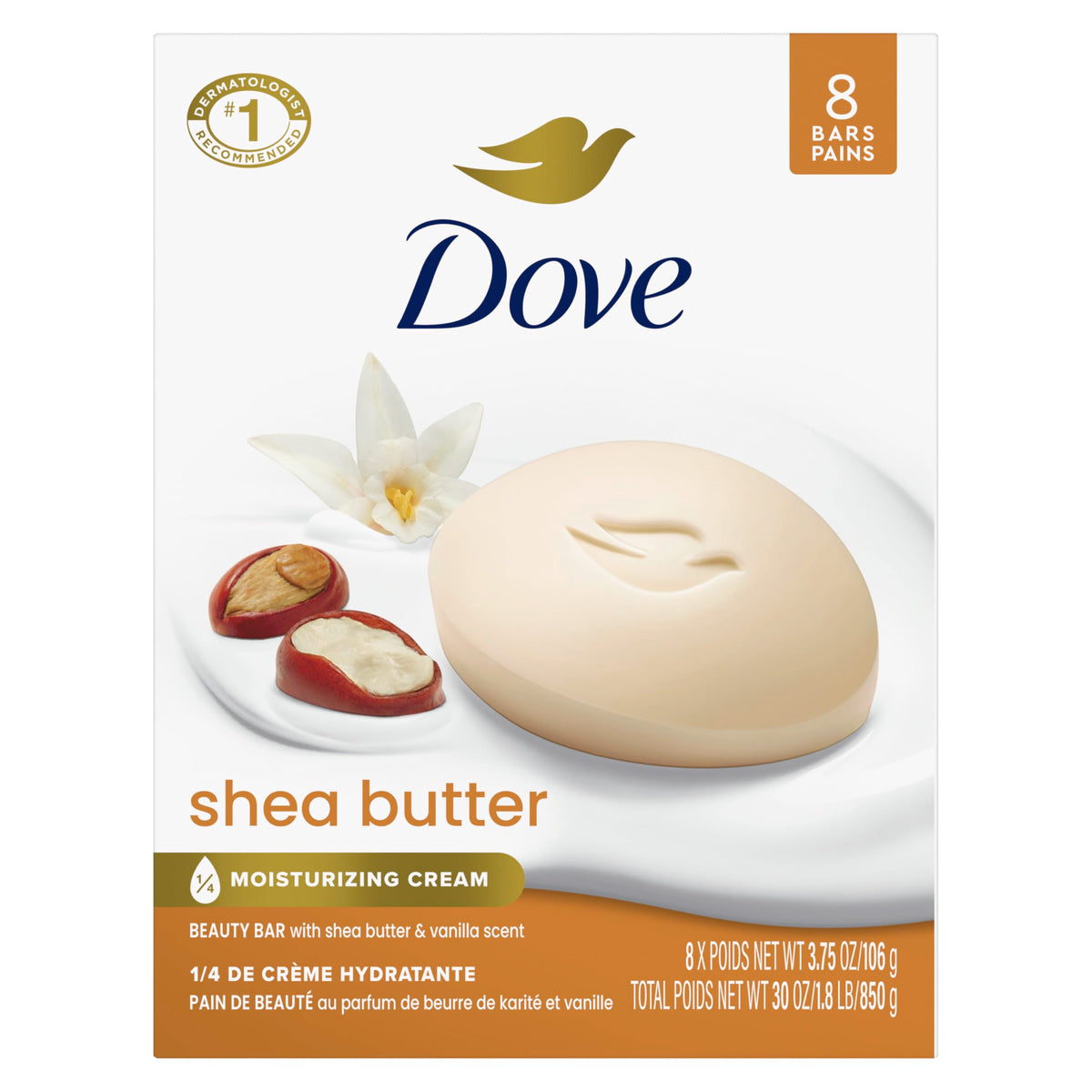 Dove shea butter front packaging showing 8-count and benefits
