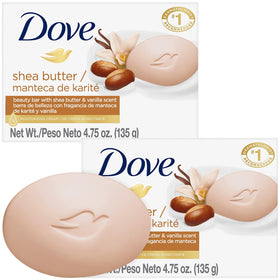 Dove shea butter & vanilla front packaging showing two bars and benefit of moisturizing