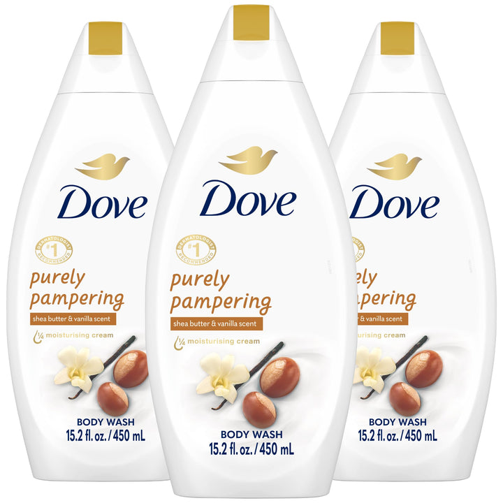 Dove front packaging showing three bottles and brand benefits for everyday hydration