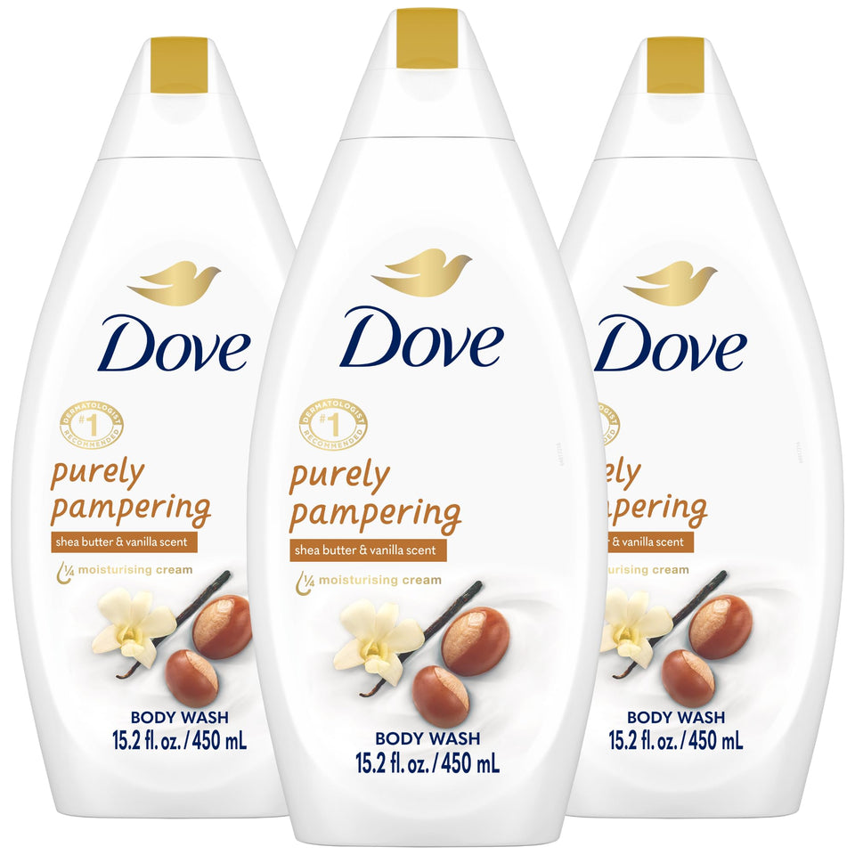 Dove front packaging showing three bottles and brand benefits for everyday hydration