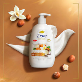 Dove pump close-up highlighting texture and moisturizing formula for soft hands