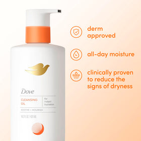 Dove in-shower use with woman’s hand demonstrating soothing, non-drying cleanse