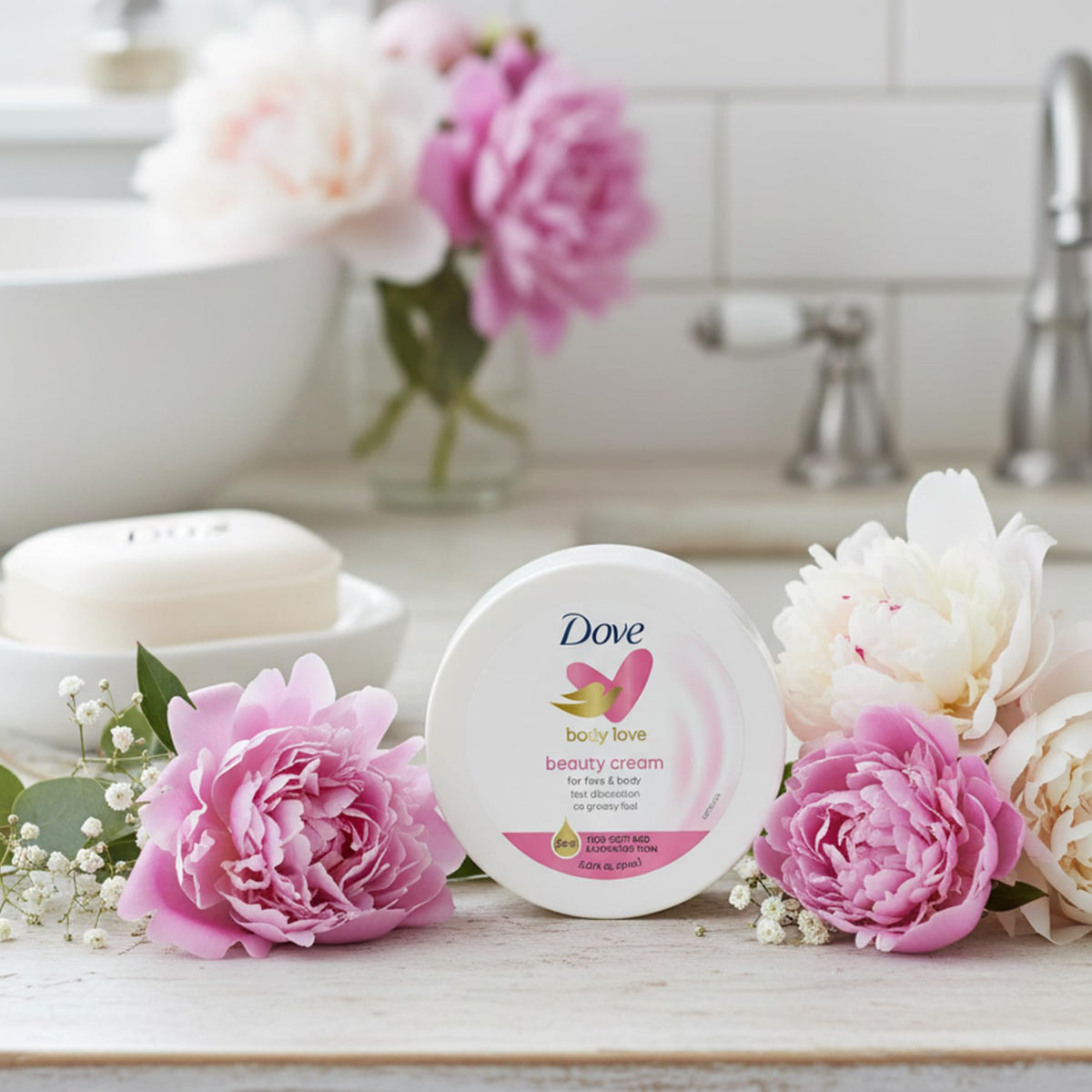 Dove single jar with lid open showing cream and portability benefit