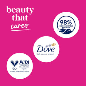 Dove 30.6 oz next to a hand showing scale and long-lasting supply benefit