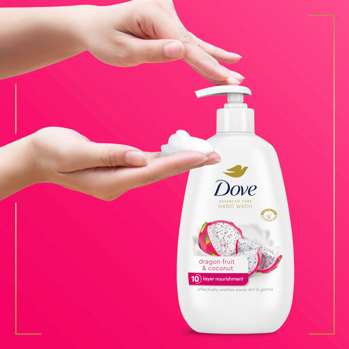 Dove bottle next to hand for size comparison and practical household scale