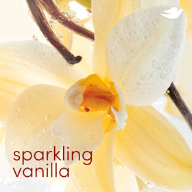 Dove sparkling vanilla back ingredients panel emphasizing aluminum-free formula