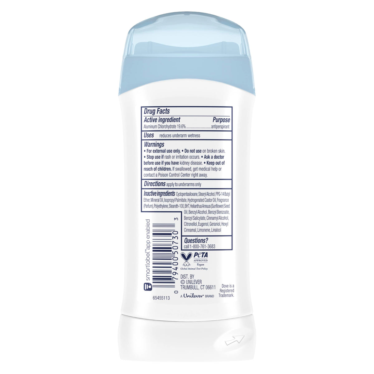 Dove antiperspirant stick open with visible solid, demonstrating easy glide-on application