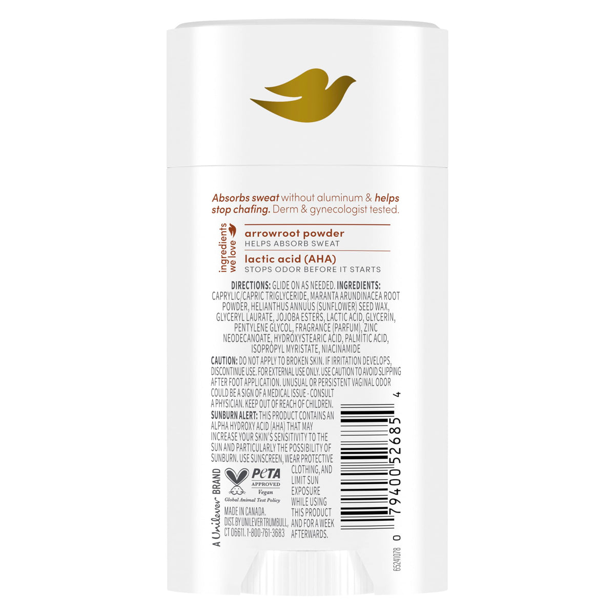 Dove label close-up highlighting 3.6% AHA serum and skin-balancing benefit