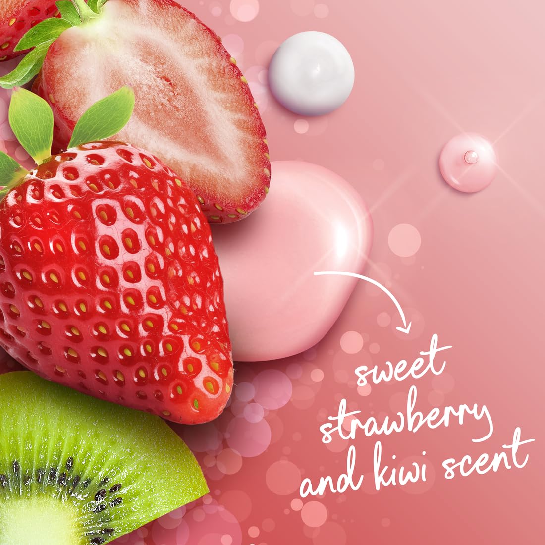 Dove strawberry kiwi bottle label visible indicating summer scent and gentle nourishment