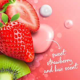 Dove strawberry kiwi bottle label visible indicating summer scent and gentle nourishment