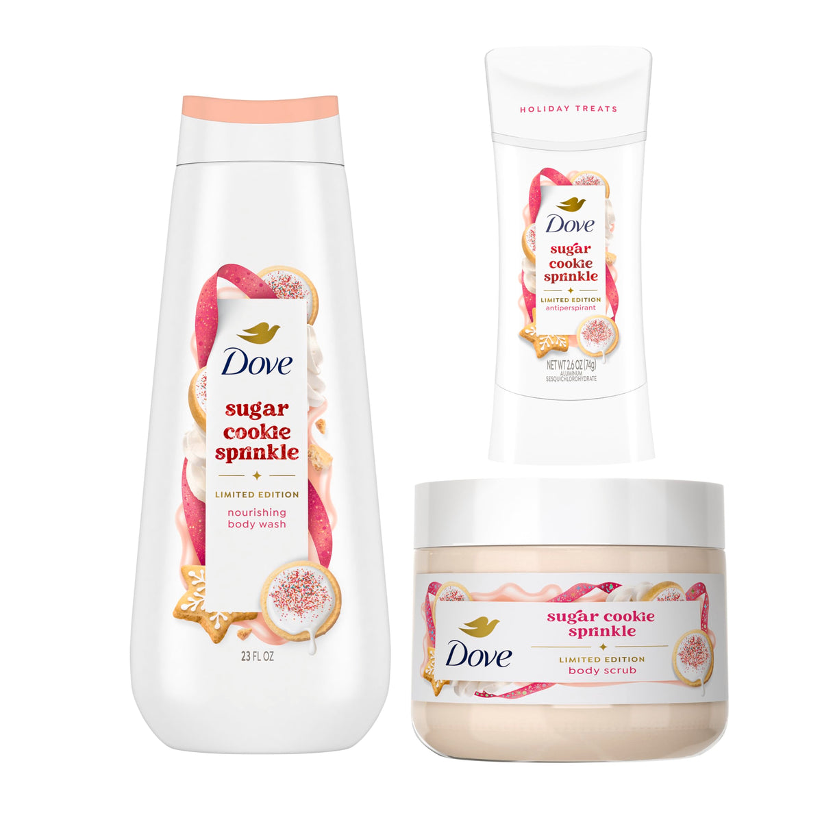Dove sugar cookie front packaging showing three bottles and festive design benefits seasonal gifting